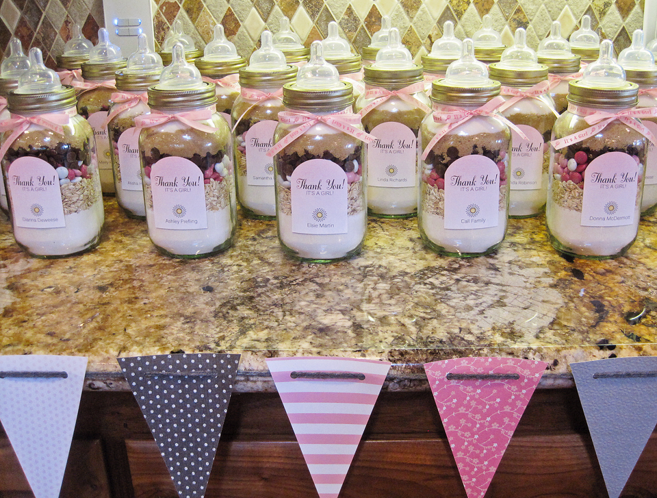 Baby shower hurricane jars - full of treats and candies