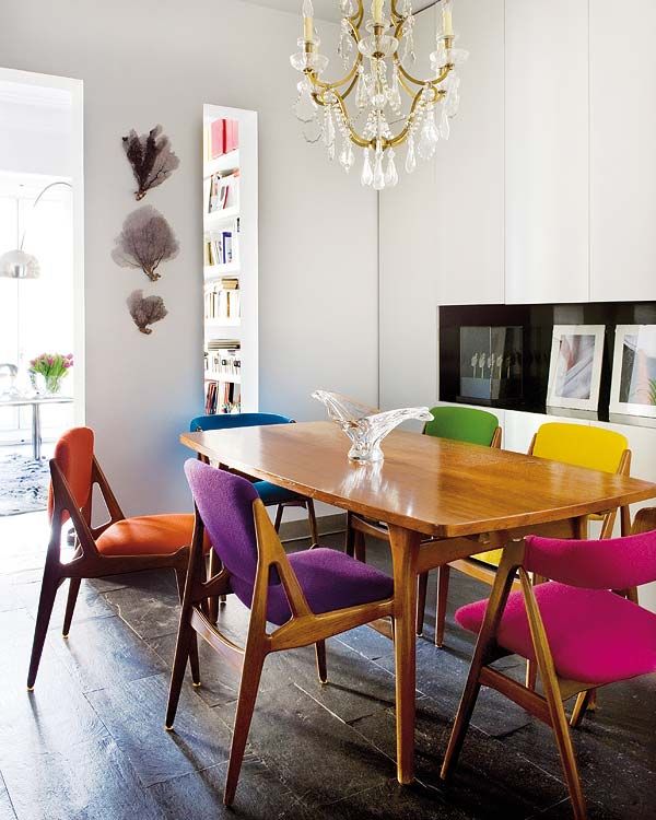 Colorful dining room - with wood table and crystal chandelier