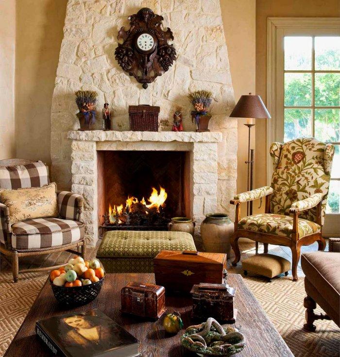 Cozy living room with stone firepalce - inside a sunny American home