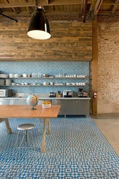 Creative kitchen interior - with industrial pendants and stylish flooring