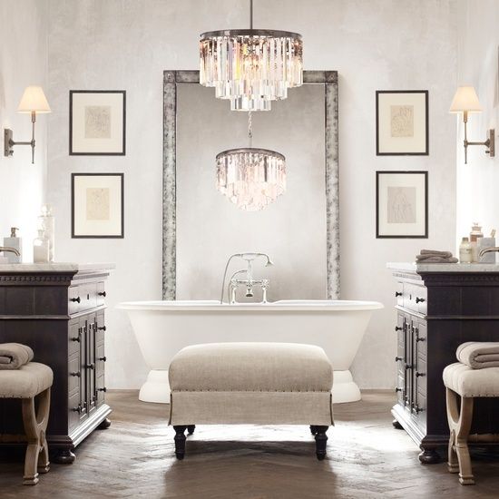 Luxurious and stylish bathroom design - with wood floor and crystal chandelier