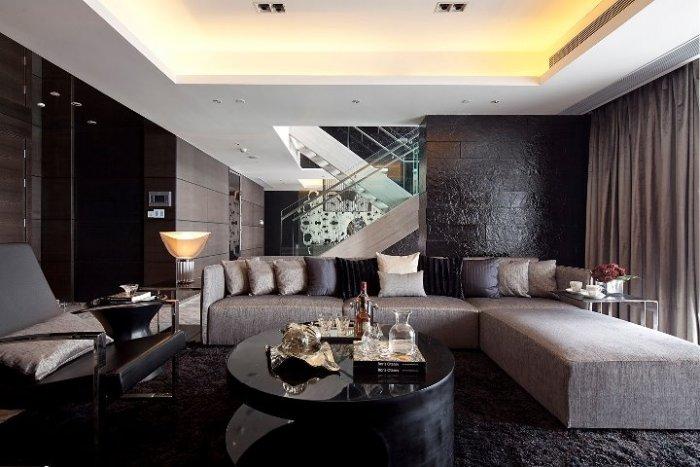 Luxurious dark living room - with black, grey and brown nuances