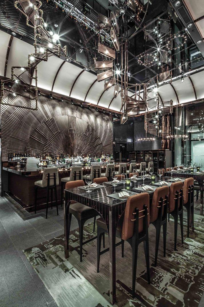 Modern European restaurant - with stainless steel details on the ceiling