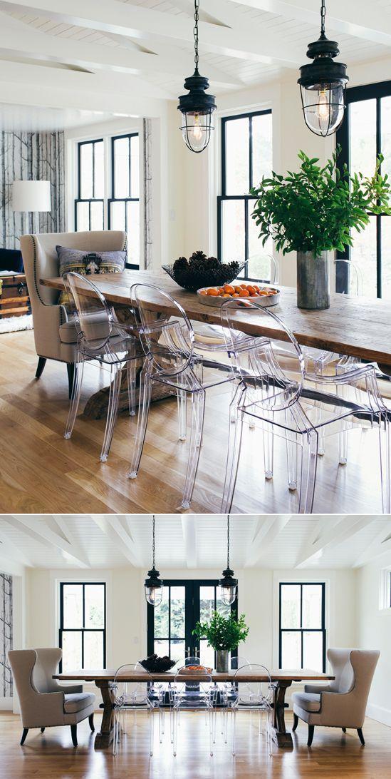 Modern Swedish dining room - with industrial ligh fixtures and modern chairs