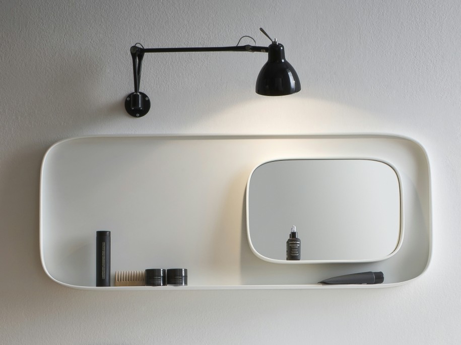 Modern creative bathroom mirror - surrounded by a white shelf