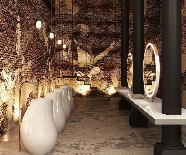 Modern industrial restaurant restroom - with ultra contemporary faucets and mirros