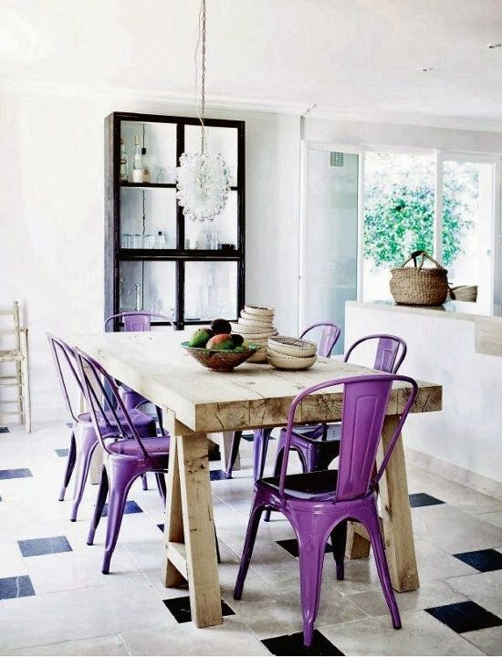 Modern rustic dining room - with purple chairs and wood table