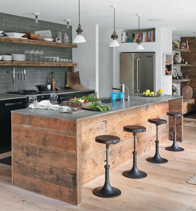 Modern rustic kitchen - with vintage bar stools and wood accents