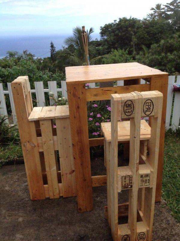 Pallet bar stools - placed in the garden, around a table