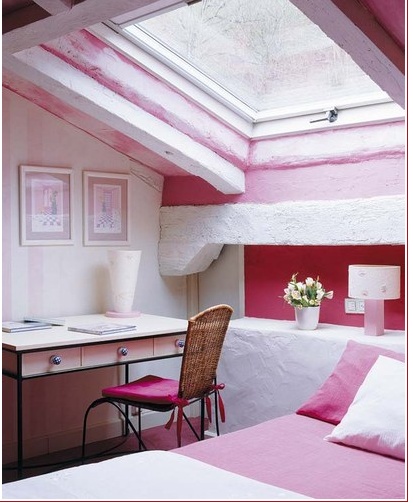 Pink attic bedroom - with large rooftop window