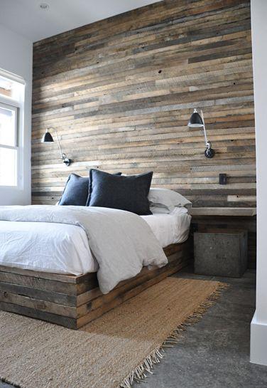 Scandinavian natural bedroom - with wooden panels on the wall