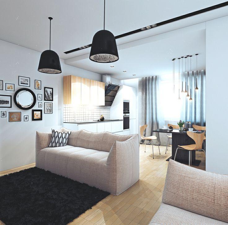 Small living room with IKEA furniture - with black industrial pendants and white cozy sofa