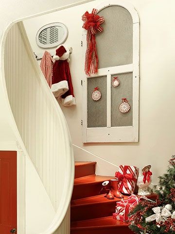 Staircase with Christmas decor - with lots of presents in red