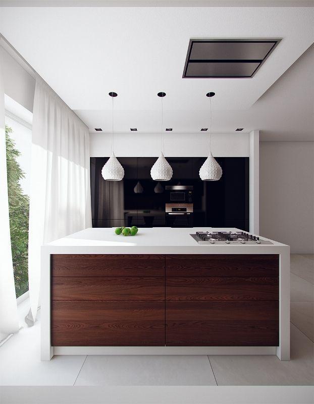 Stylish white kitchen - with wood panel doors on the island drawers