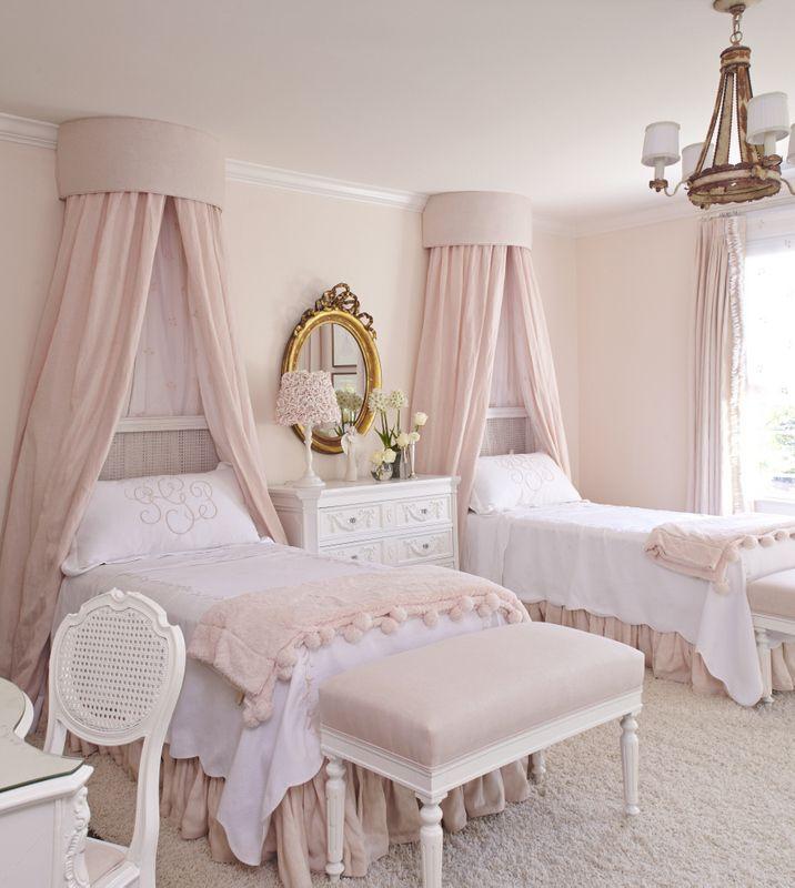 Traditional pink bedroom - with very pale colored walls