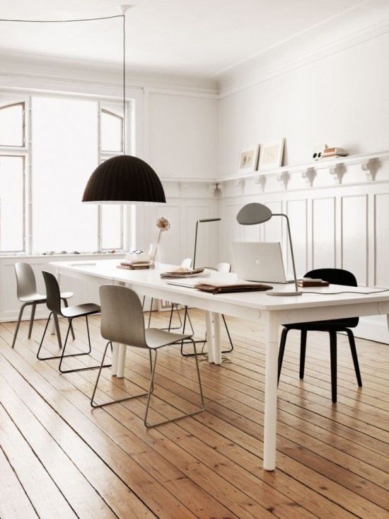 White Scandinavian dining room - with IKEA pendants and wood floor