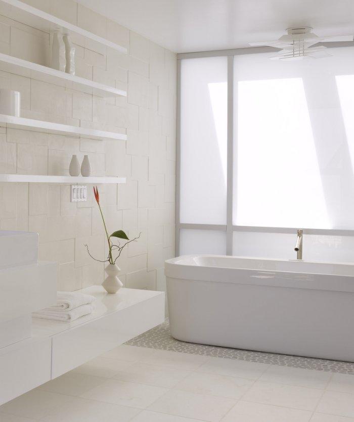 White bathroom floating shelves - inside a stylish small private room