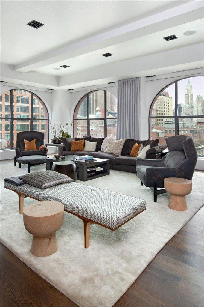 White loft living room - with grey furniture and white rug