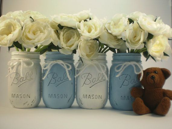 Baby shower mason jars 1 - with white roses in them