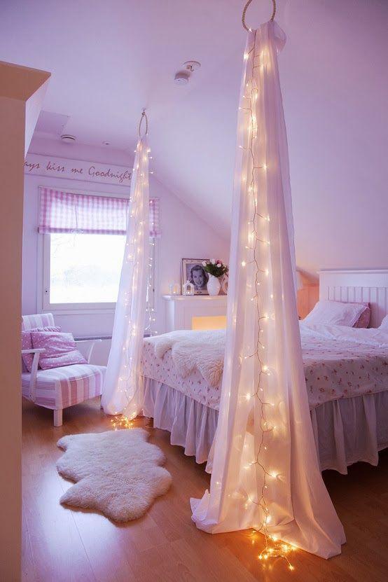 Bedroom Christmas Lights 13 - on the hanging white curtains