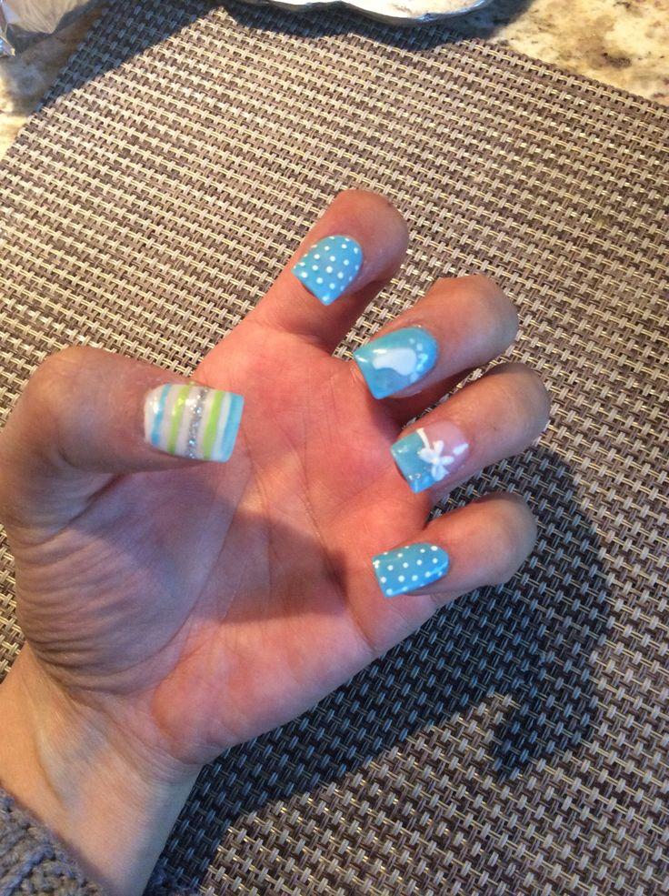 Blue baby shower nails - with dots and ribbons