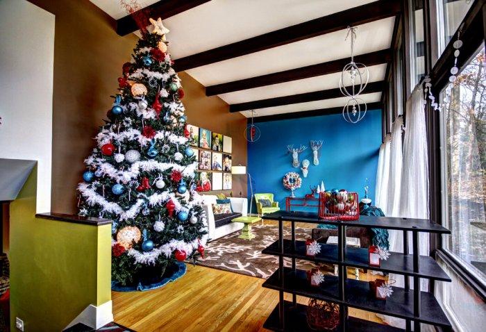Colorful Christmas tree - inside a mid-century modern home
