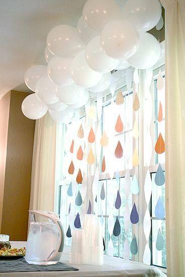 Creative baby shower room - with paper drops on the windows
