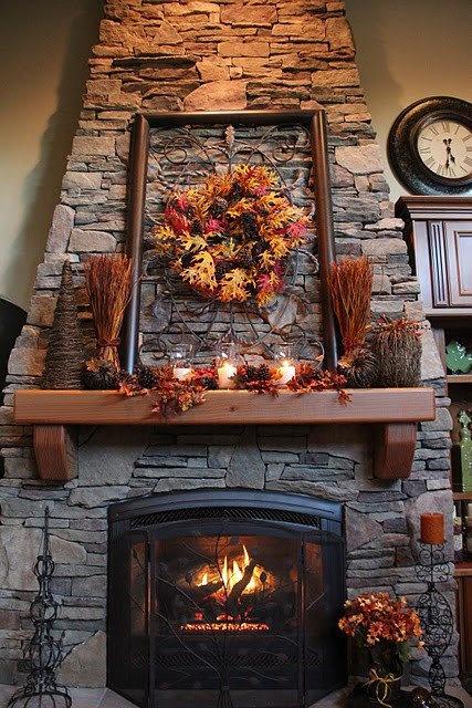 Fall fireplace decorating idea 1 - with autumn wreath and leaves