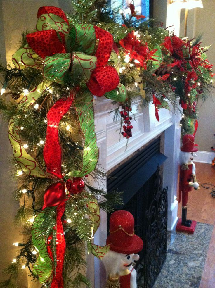 Fireplace Christmas garland 3 - with red ribbons