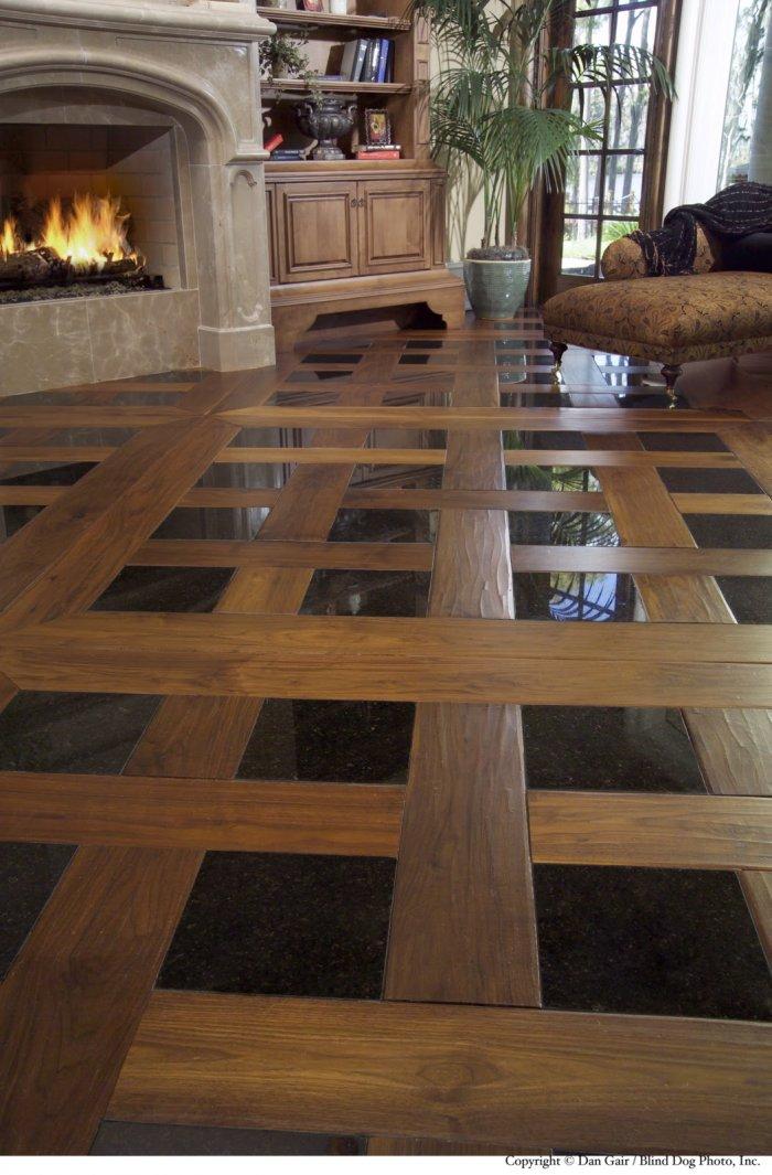 Living room floor tile patterns 3 - with wood and black tiles