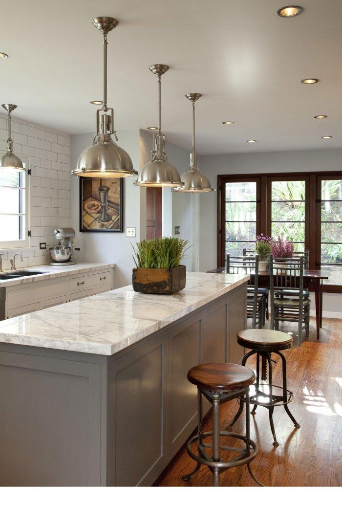 Metal industrial pendants - in traditional white kitchen