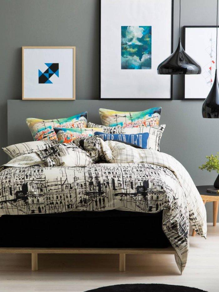 Modern colorful bedroom - with abstract wall art