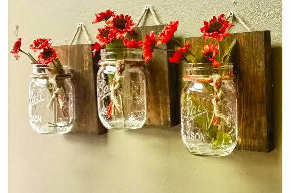 Modern wall jars - and red flowers