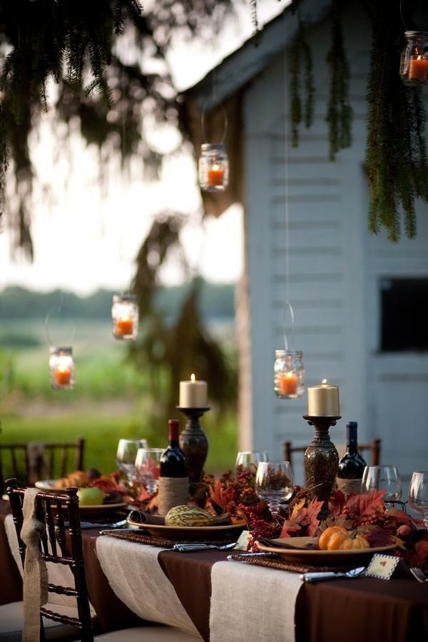 Outside Thanksgiving decoration - with hanging glass jars