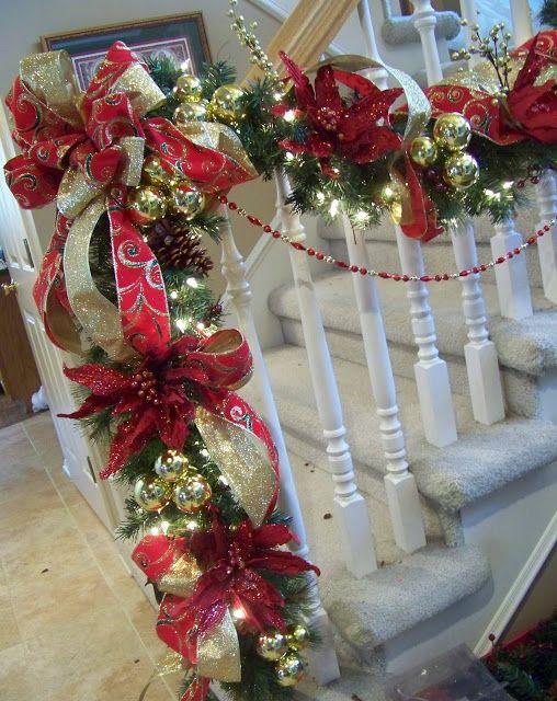 Stair Christmas garland 1 - with red ribbons and balls