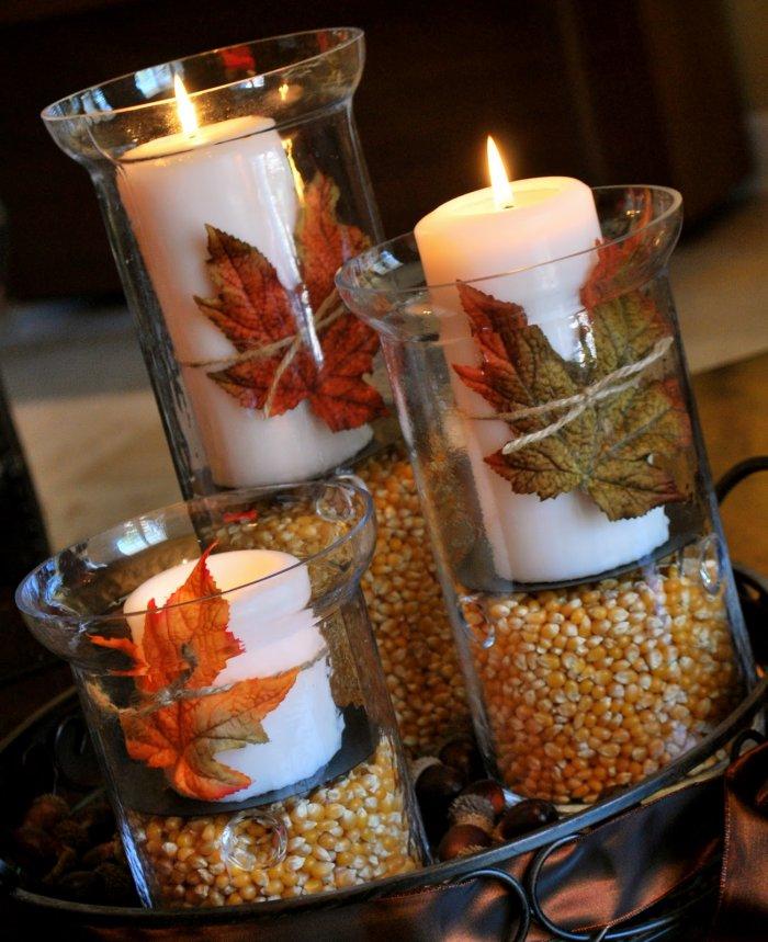 Thanksgiving handmade candleholders - with corn and leaves