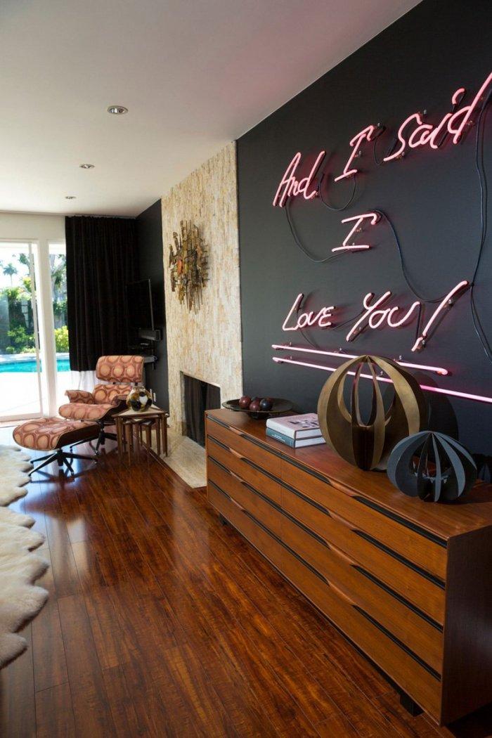 Mid-century modern black wall - with neon sign