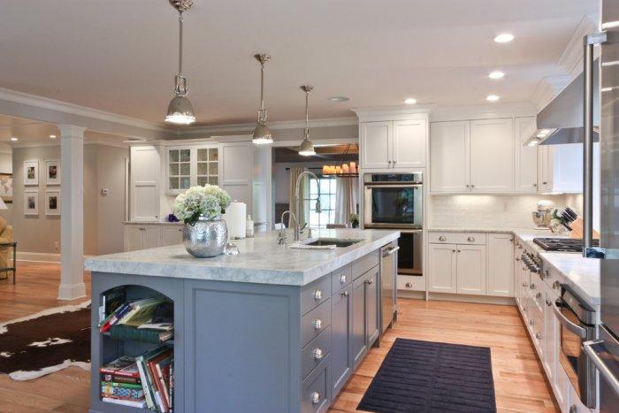 Dark white marble kitchen countertop - on a large grey island