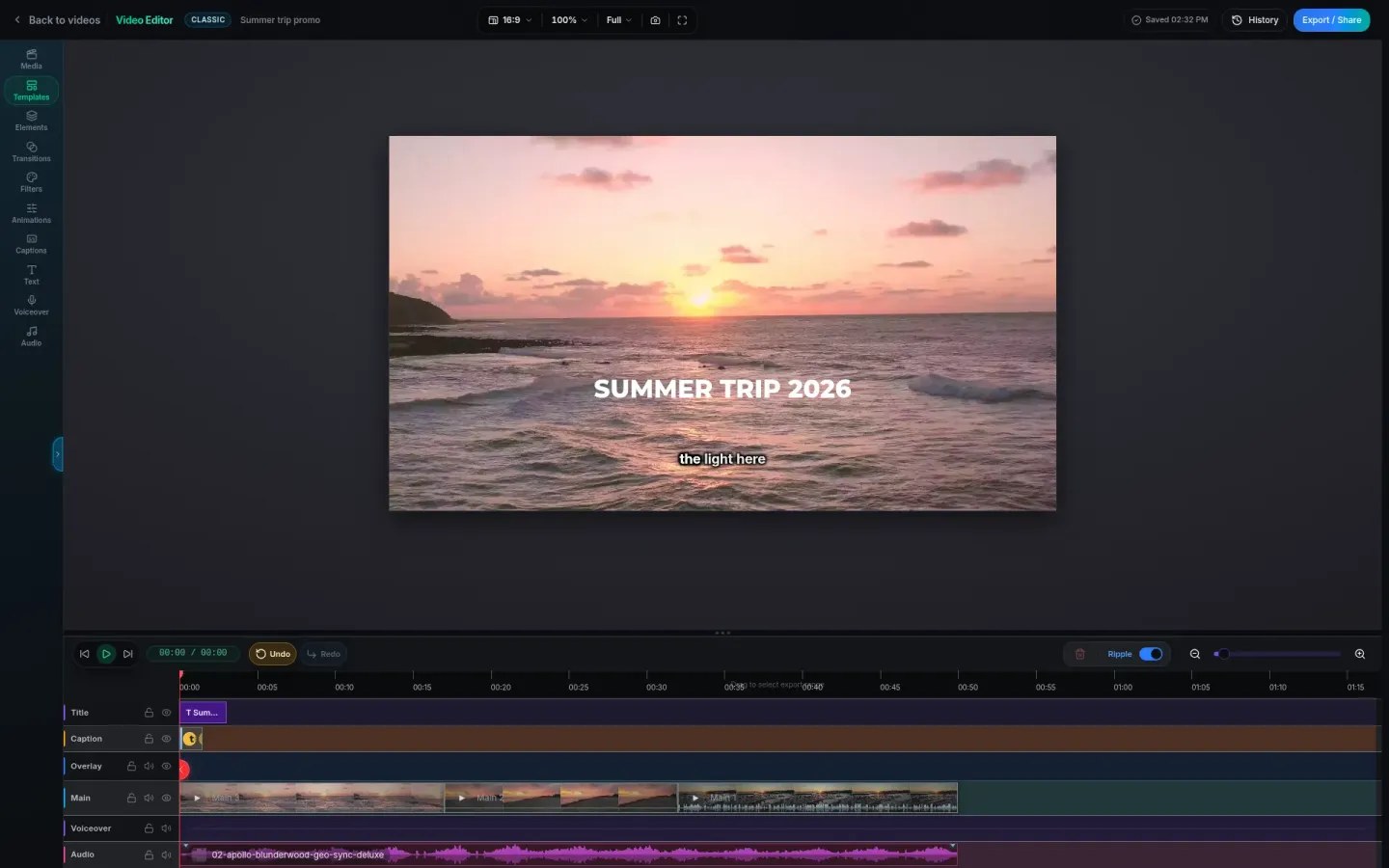 PandaVid free online video editor showing a six-lane timeline with title, caption, overlay, main video, voiceover and audio tracks
